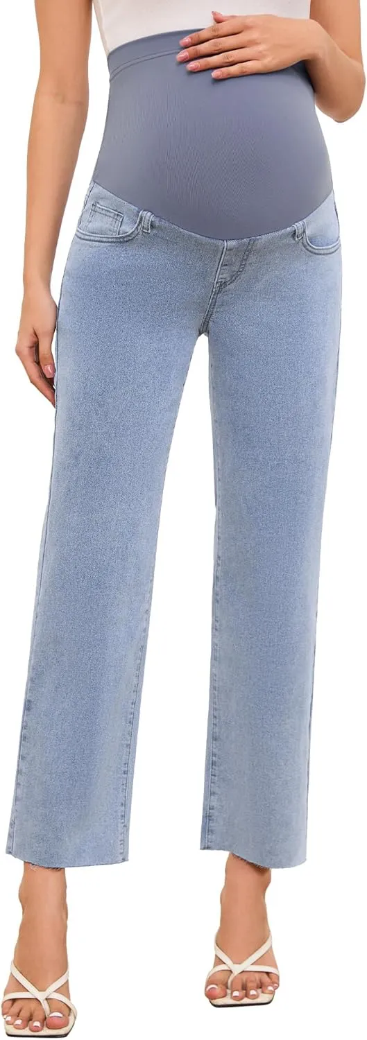 POSHGLAM Women's Maternity Jeans Frayed Hem Straight Leg Cropped Stretch Denim Capris Pants, S-XXL