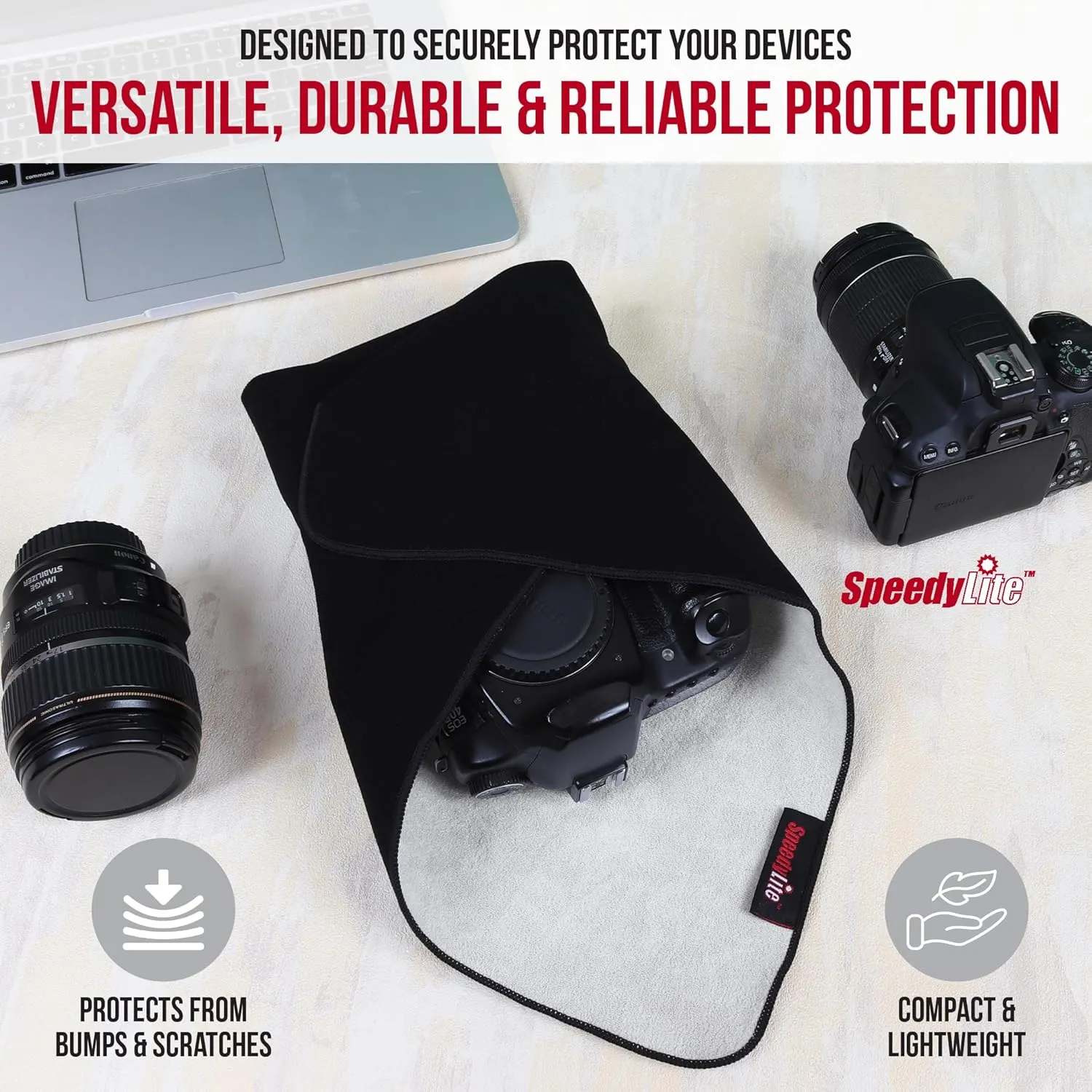 Protective Camera Wrap with Waterproof Mid-Layer. Self-Sticking Protective Lens Wrap for Digital Cameras, Tablets and Laptops. Black, 18 Inches.