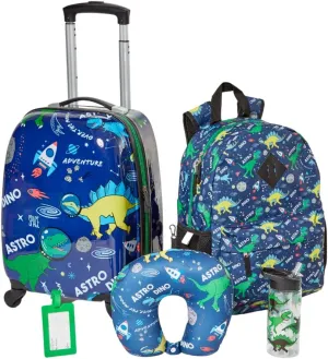 RALME 5 Pc. Boys Dinosaur Space Rolling Suitcase Set with Backpack, Neck Pillow, Water Bottle, and Luggage