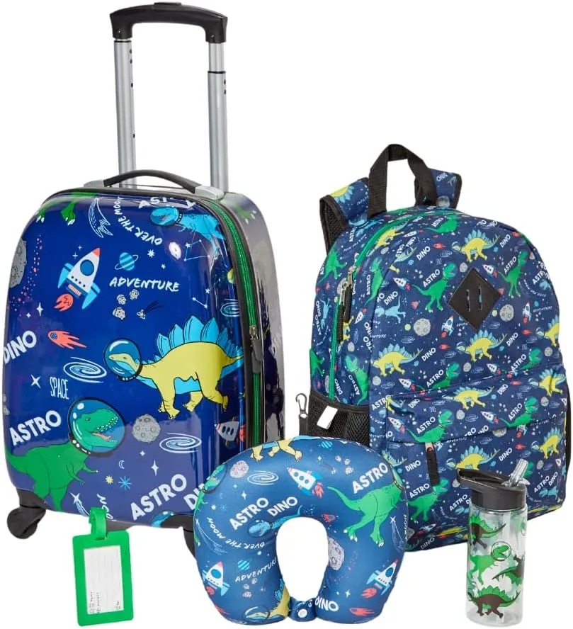 RALME 5 Pc. Boys Dinosaur Space Rolling Suitcase Set with Backpack, Neck Pillow, Water Bottle, and Luggage