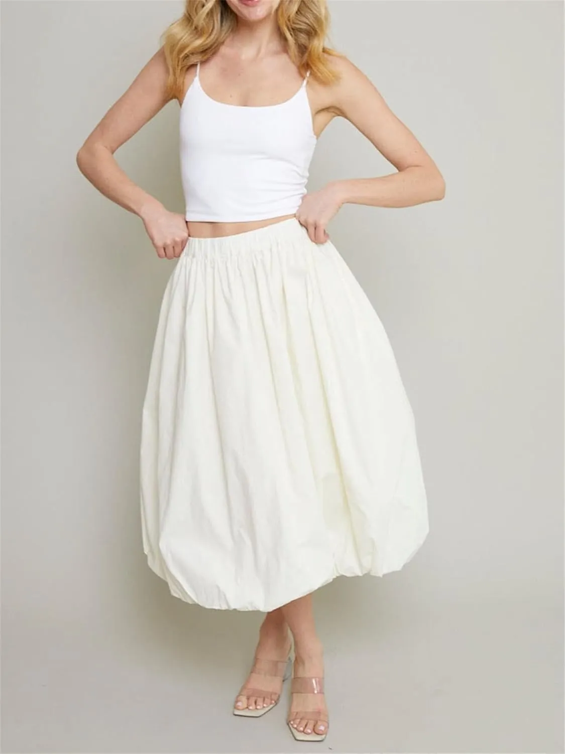 Raruxxin Women Y2k Bubble Maxi Skirt Elastic Low Waist Pleated Balloon Long Skirt Summer Ruffle Puffy Flowy Swing Midi Dress