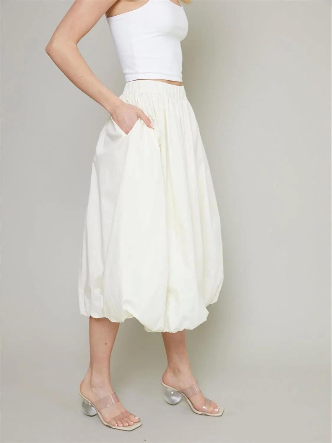 Raruxxin Women Y2k Bubble Maxi Skirt Elastic Low Waist Pleated Balloon Long Skirt Summer Ruffle Puffy Flowy Swing Midi Dress