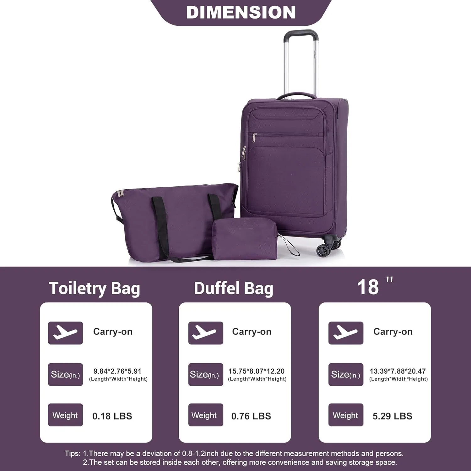 Rolling Garment Bags for travel18 Suitcase/Travelbag/Toiletry Bag, Lightweight Travel Luggage Suitcase with Silent 360 Rotating Wheels, Softshell Durable Design (Wine Red)(Purple)