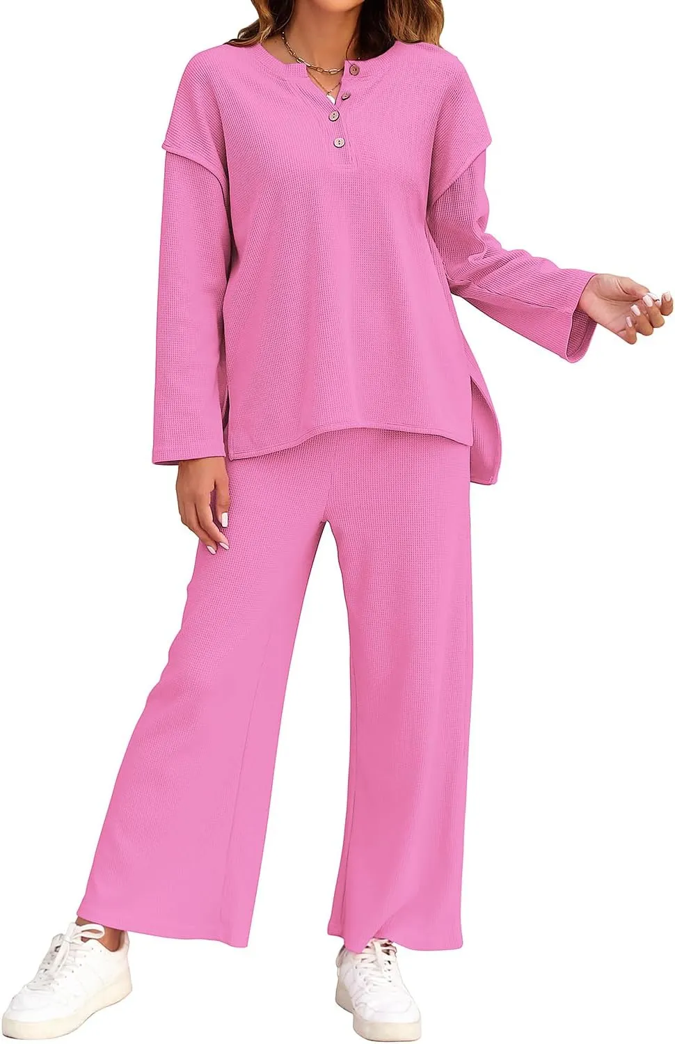ROYLAMP Womens 2 Piece Outfits Fall Long Sleeve Button Crew Neck Top Long Pant Trendy Matching Sweatsuit Tracksuits