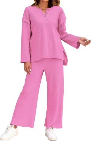 ROYLAMP Womens 2 Piece Outfits Fall Long Sleeve Button Crew Neck Top Long Pant Trendy Matching Sweatsuit Tracksuits