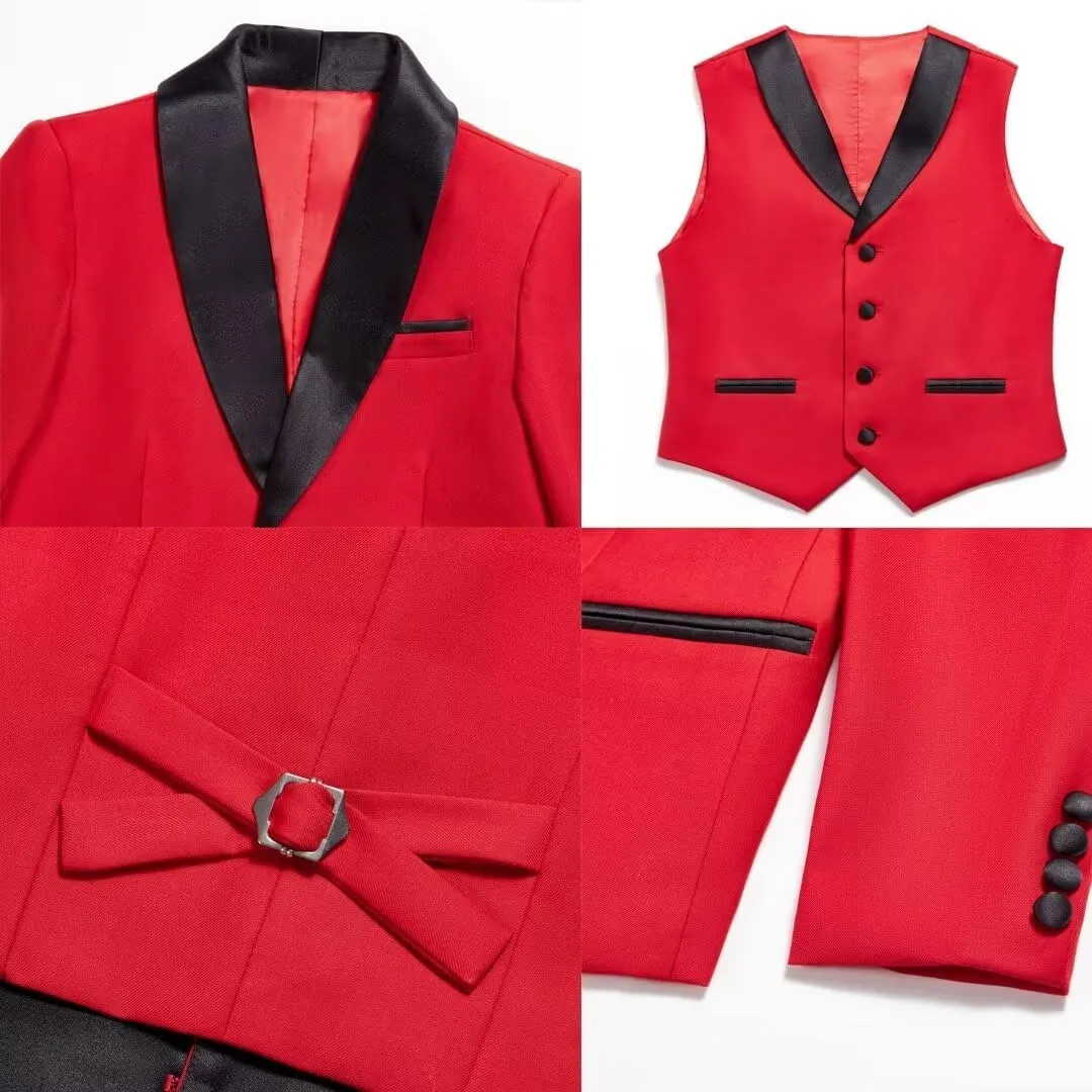 SAROULU Suit for Boys Wedding Tuxedo 3 Piece Double Breasted Vest Blazer Pants Notched Lapel Formal Kids Party Suit