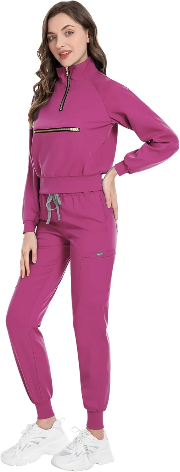 Scrub for Women Set-Long Sleeve Scrub Top with Zipper & Jogger Pants Medical Uniform Suit