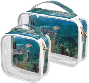 Sea-turtle-swimming Print 2 Pack Clear Toiletry Bag Women Men, Portable Waterproof Clear Pouch, Cosmetic Bag with Double Zippers Large Opening Traveling with Handle for Bathroom Traveling Vacation Org