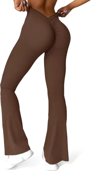 SEASUM V Back Scrunch Butt Flare Leggings for Women Waist Cut Shaped Ruched Bell Bottom Wide Leg Bootcut Yoga Pants