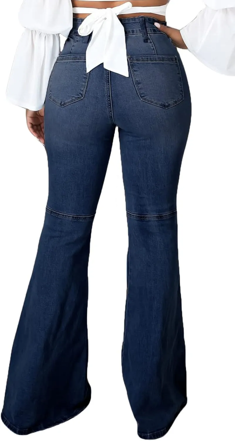 SeNight Women Bell Bottom Jeans Elastic Waist Ripped Flared Jean Destroyed Raw Hem Denim Pants