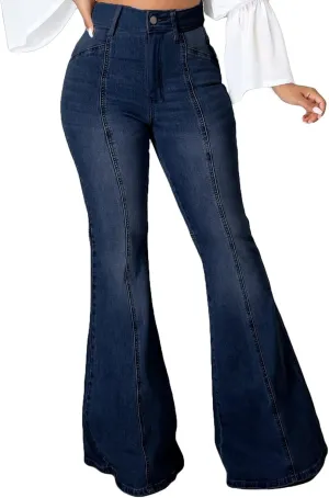 SeNight Women Bell Bottom Jeans Elastic Waist Ripped Flared Jean Destroyed Raw Hem Denim Pants