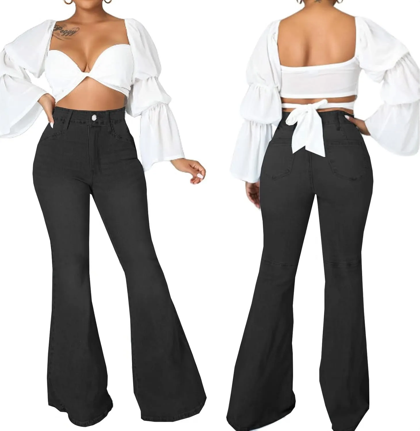 SeNight Women Bell Bottom Jeans Elastic Waist Ripped Flared Jean Destroyed Raw Hem Denim Pants