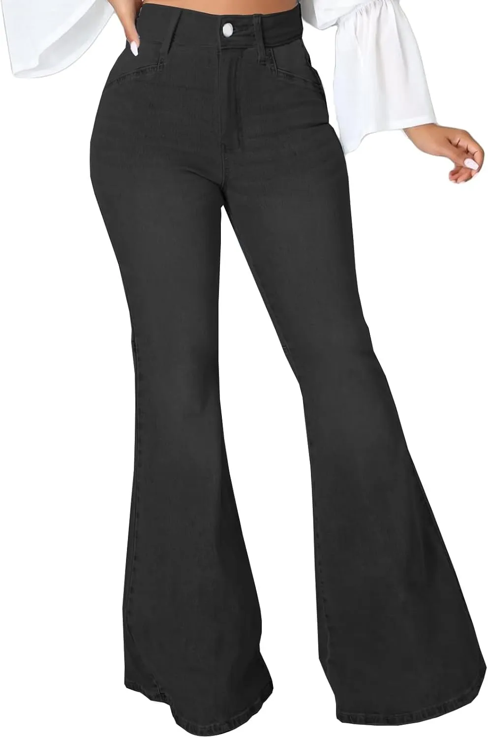 SeNight Women Bell Bottom Jeans Elastic Waist Ripped Flared Jean Destroyed Raw Hem Denim Pants