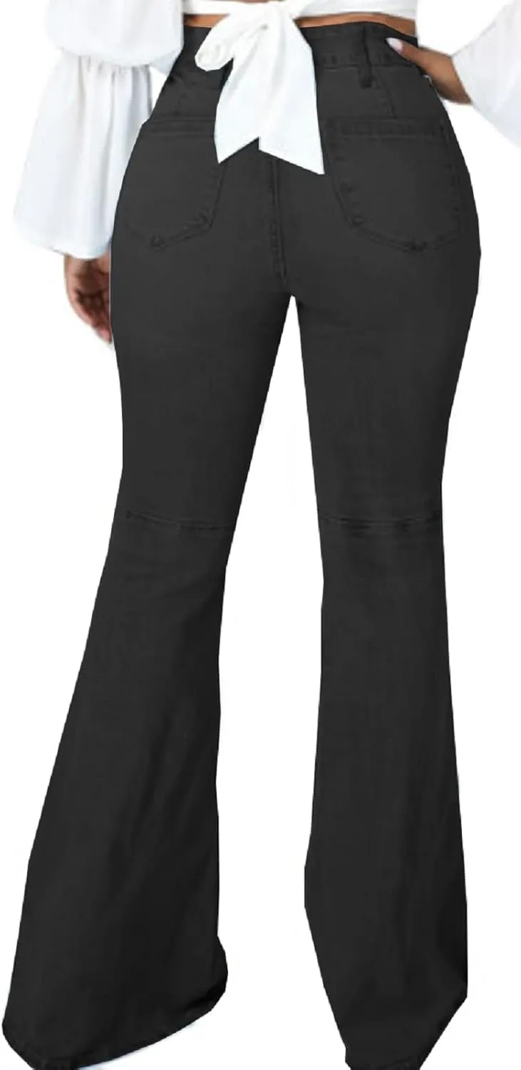 SeNight Women Bell Bottom Jeans Elastic Waist Ripped Flared Jean Destroyed Raw Hem Denim Pants
