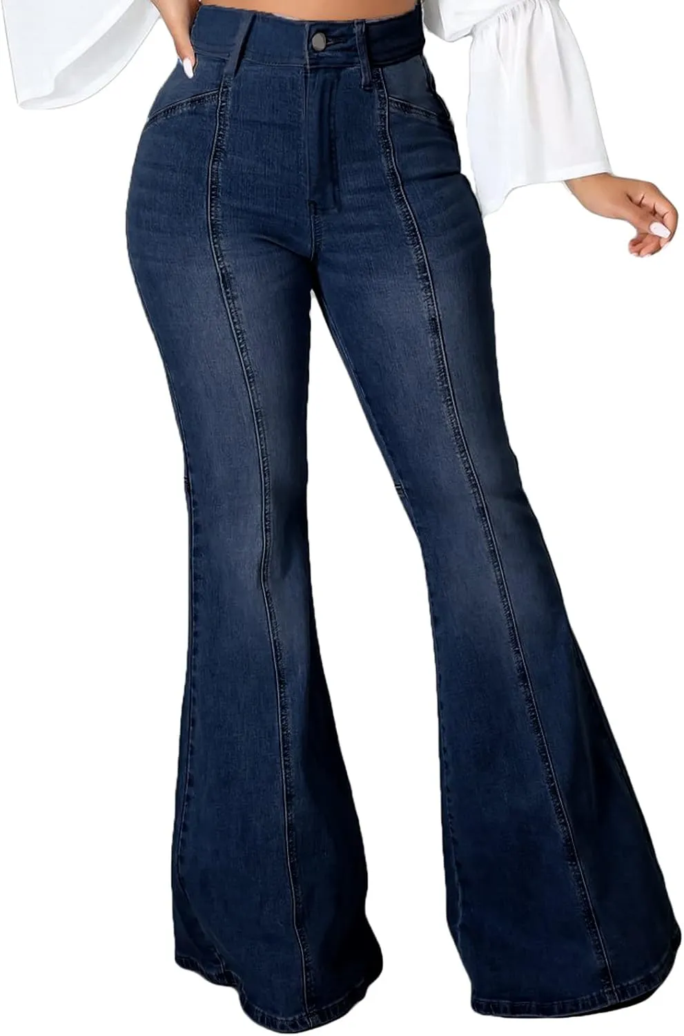 SeNight Women Bell Bottom Jeans Elastic Waist Ripped Flared Jean Destroyed Raw Hem Denim Pants