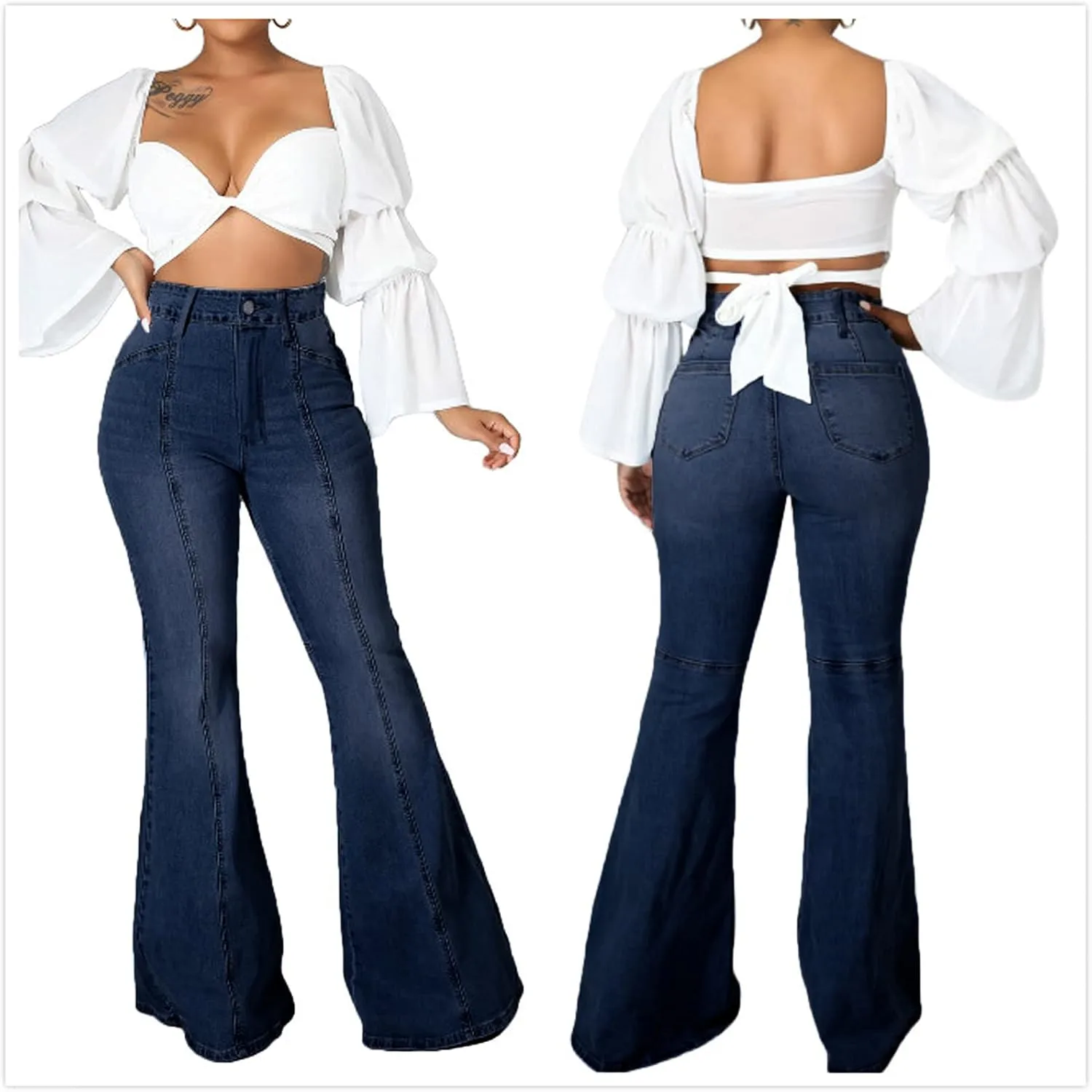 SeNight Women Bell Bottom Jeans Elastic Waist Ripped Flared Jean Destroyed Raw Hem Denim Pants