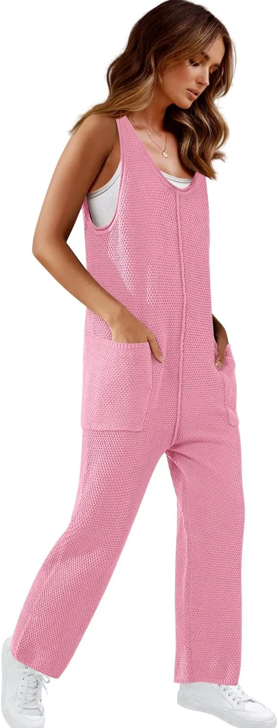 SENSERISE Womens Knit Jumpsuits Sweater Romper One Piece Loungewear Sleeveless Long Pants Overalls Fall Outfits
