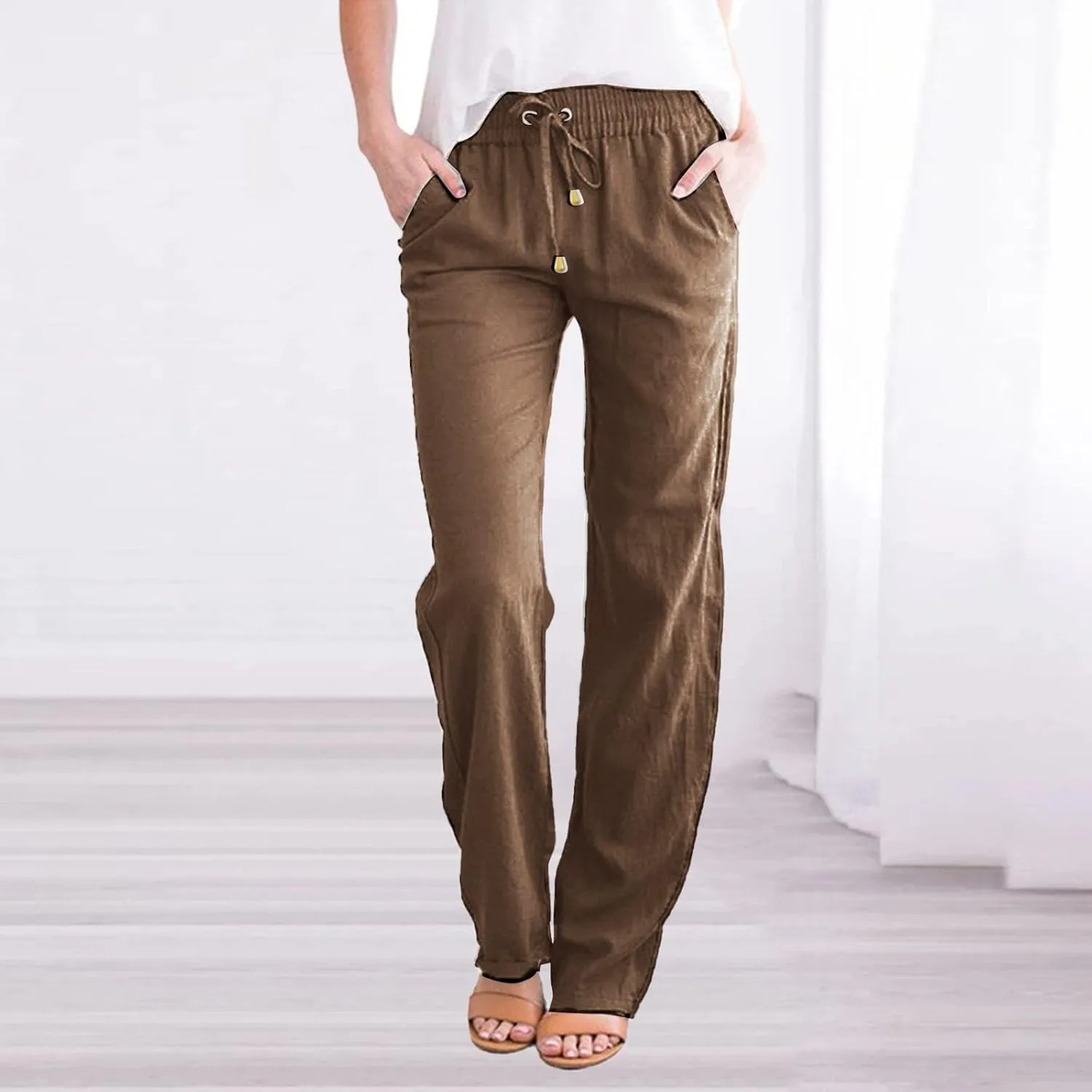 SHAOBGE Womens Casual Pants Straight Leg Drawstring Elastic High Waist Loose Comfy Trousers with Pockets