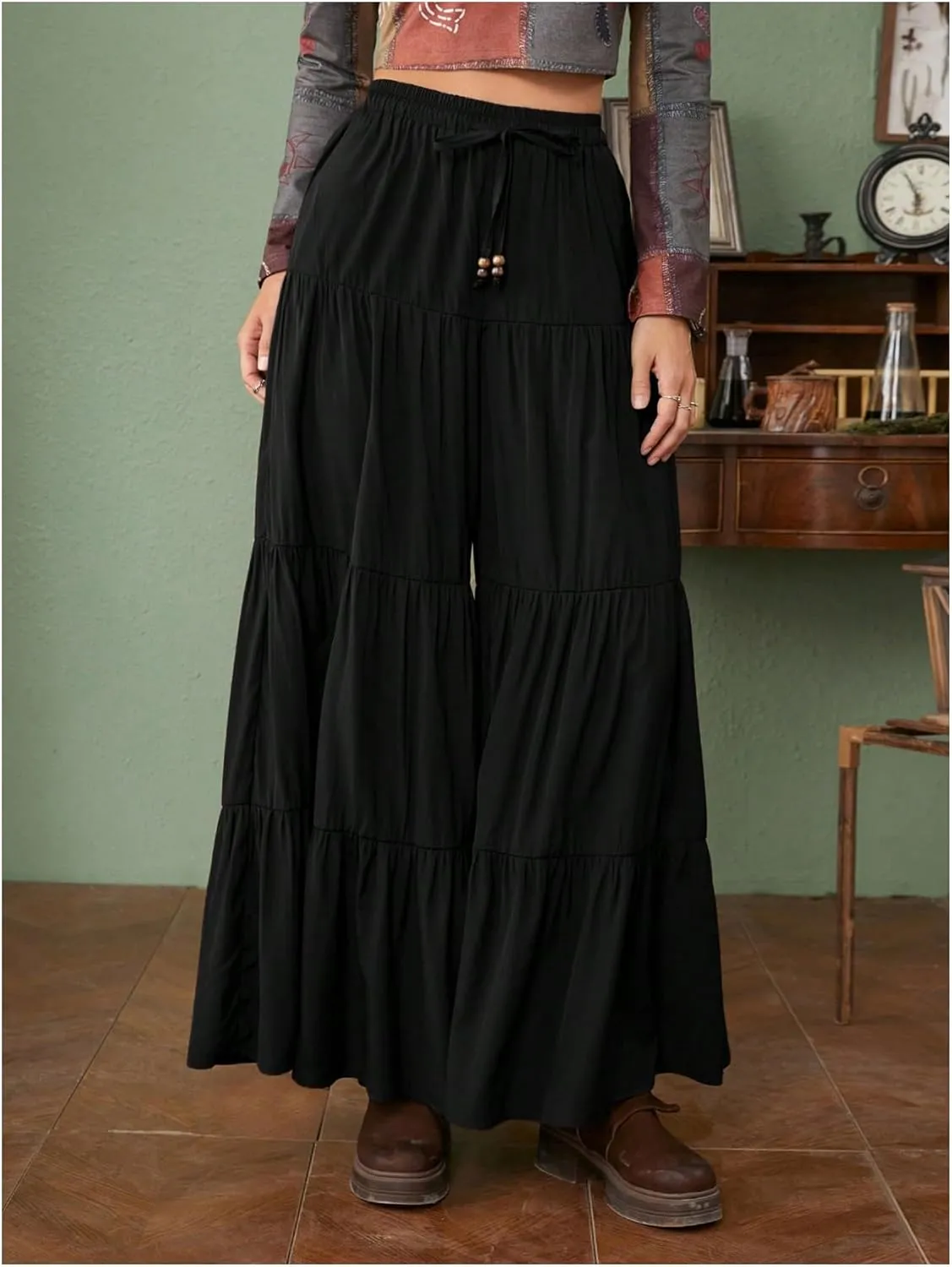 SHENHE Women's Tiered Ruffle Hem Wide Leg Pants Elastic Waist Flowy Palazzo Boho Pants
