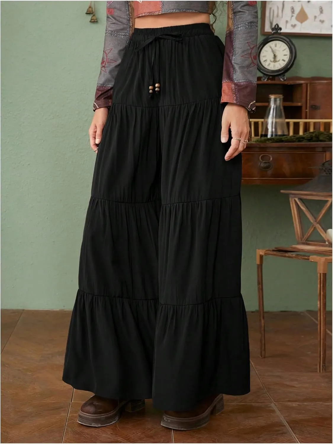 SHENHE Women's Tiered Ruffle Hem Wide Leg Pants Elastic Waist Flowy Palazzo Boho Pants