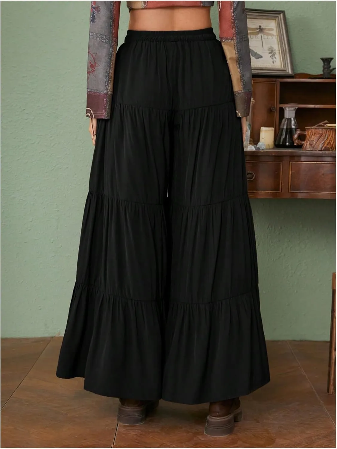 SHENHE Women's Tiered Ruffle Hem Wide Leg Pants Elastic Waist Flowy Palazzo Boho Pants
