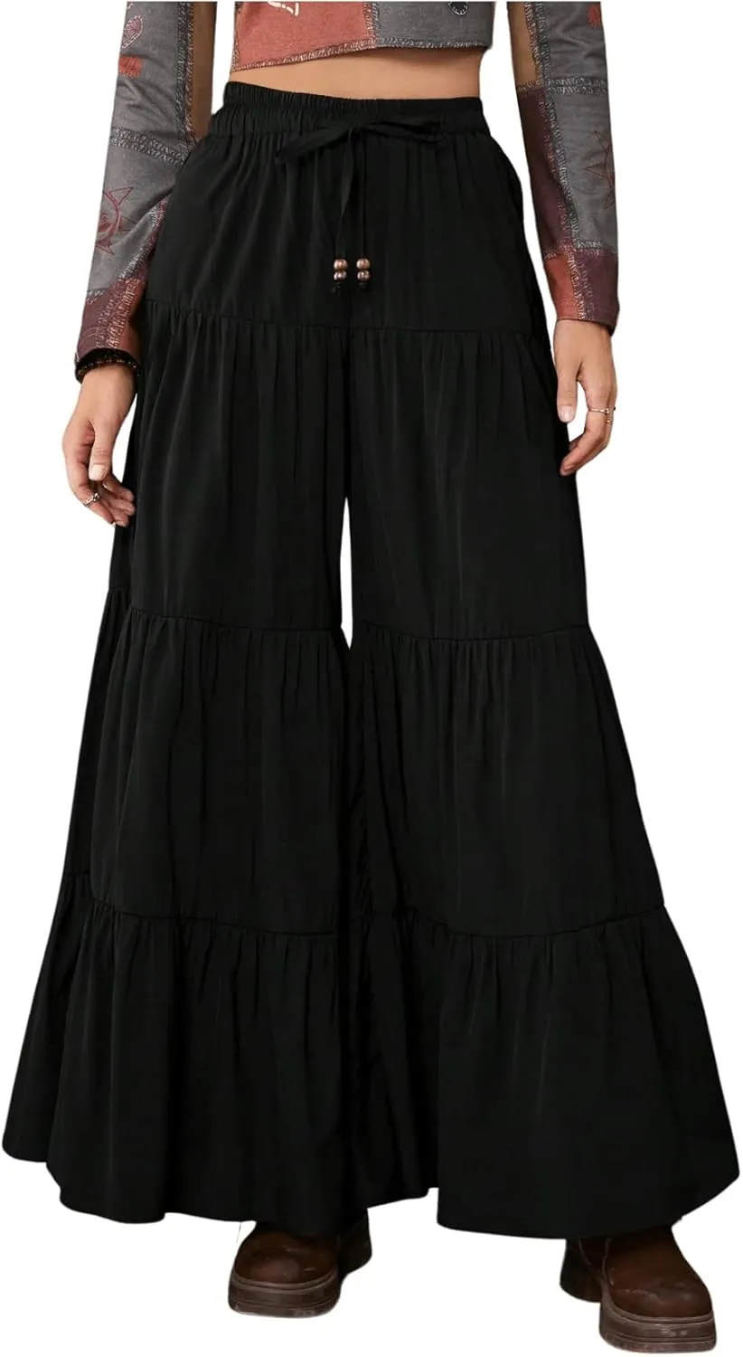 SHENHE Women's Tiered Ruffle Hem Wide Leg Pants Elastic Waist Flowy Palazzo Boho Pants