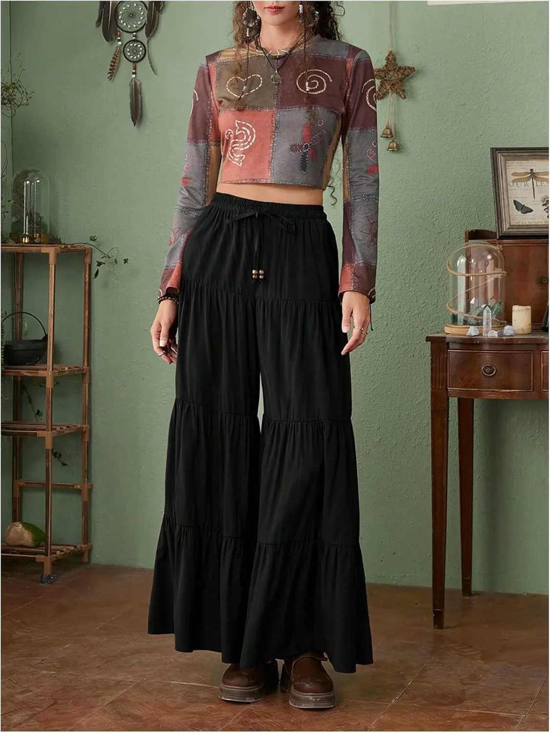 SHENHE Women's Tiered Ruffle Hem Wide Leg Pants Elastic Waist Flowy Palazzo Boho Pants