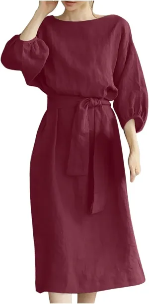 SHOPESSA Linen Dresses for Women 2024 Casual Solid Color Work Dress Long Sleeve Tie Waist Knee Length Dress Boho Dress