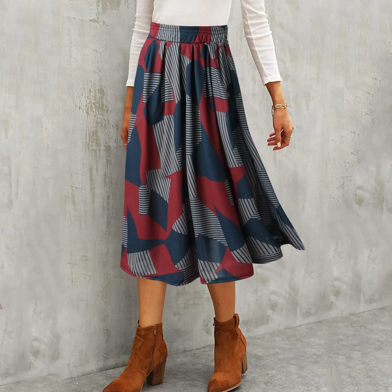 Skirts for Women Fashion Ladys Print Skirt Elastic Waist Loose Long A Shaped Skirts Pleated Skirt Girls Midi