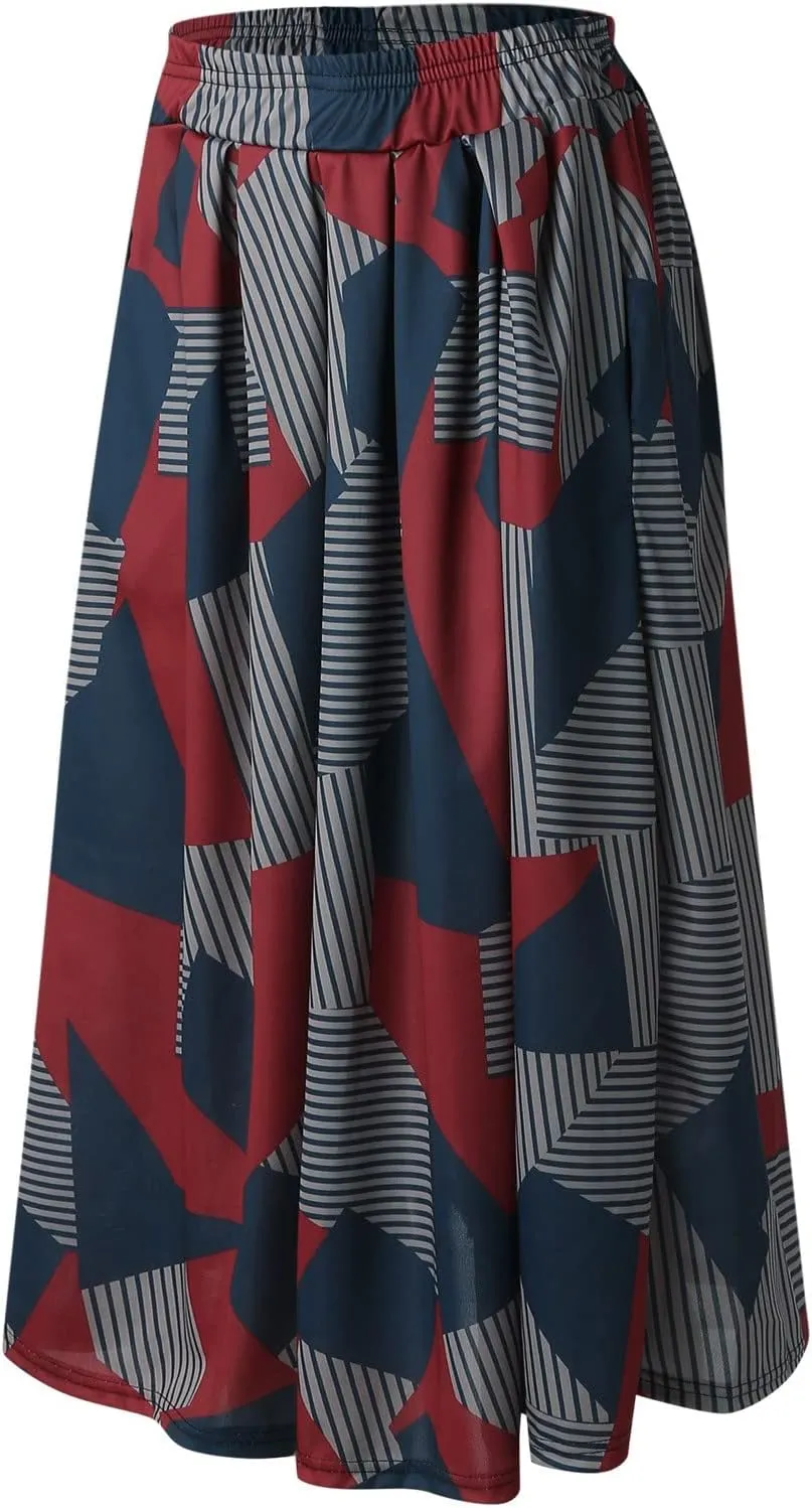 Skirts for Women Fashion Ladys Print Skirt Elastic Waist Loose Long A Shaped Skirts Pleated Skirt Girls Midi