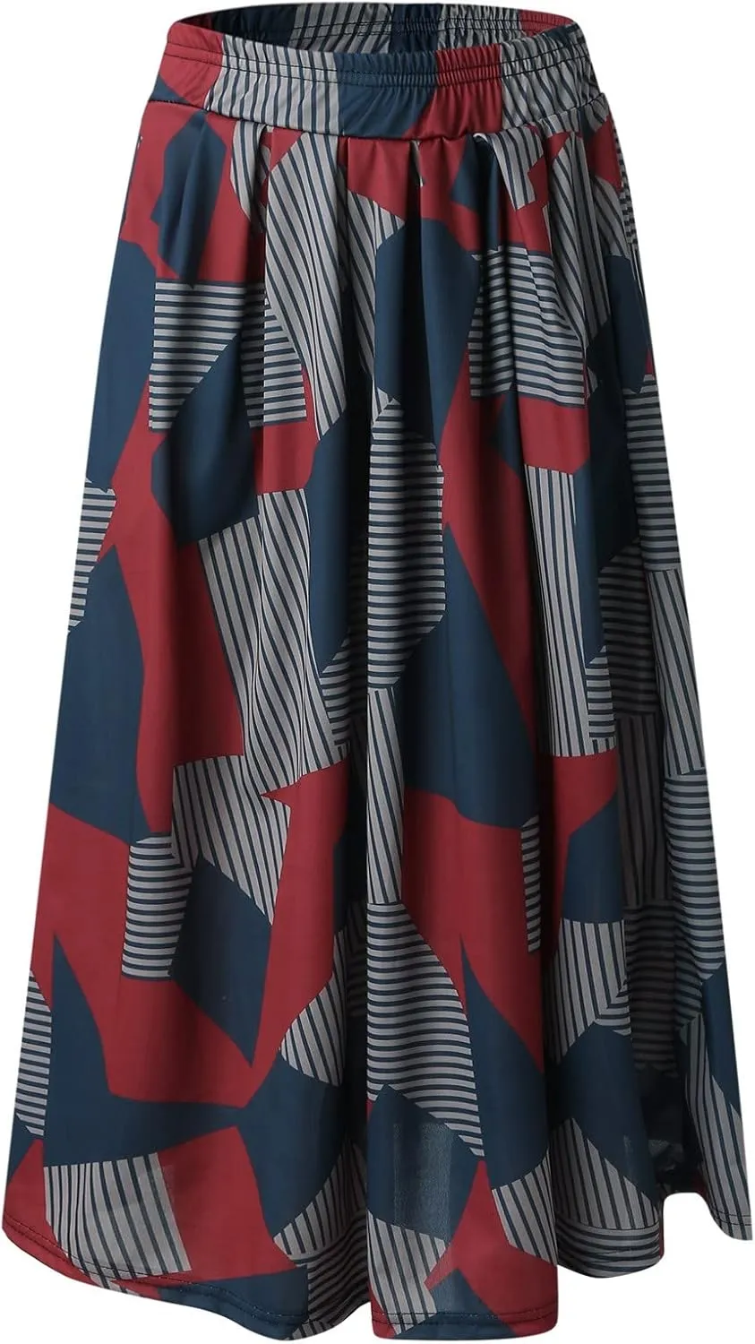 Skirts for Women Fashion Ladys Print Skirt Elastic Waist Loose Long A Shaped Skirts Pleated Skirt Girls Midi