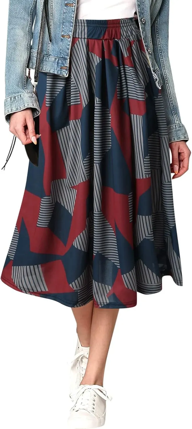 Skirts for Women Fashion Ladys Print Skirt Elastic Waist Loose Long A Shaped Skirts Pleated Skirt Girls Midi