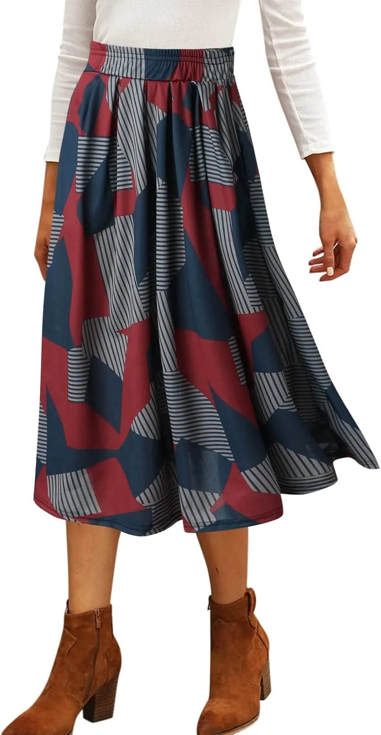 Skirts for Women Fashion Ladys Print Skirt Elastic Waist Loose Long A Shaped Skirts Pleated Skirt Girls Midi