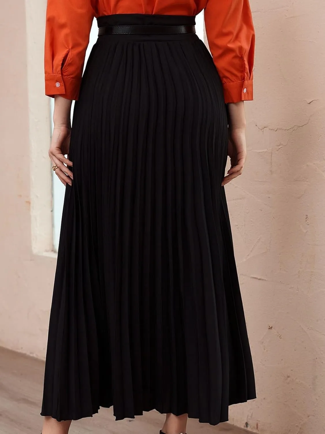 Skirts for Women Trendy Summer 2023 Black Elegant High Waist Belted Pleated Skirt Long Skirt