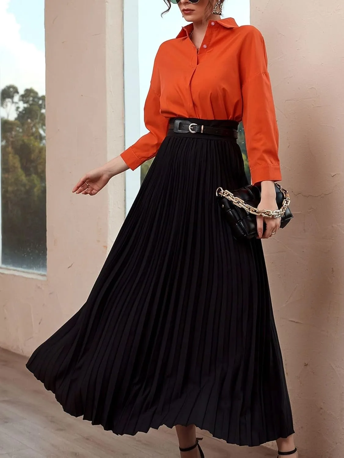 Skirts for Women Trendy Summer 2023 Black Elegant High Waist Belted Pleated Skirt Long Skirt