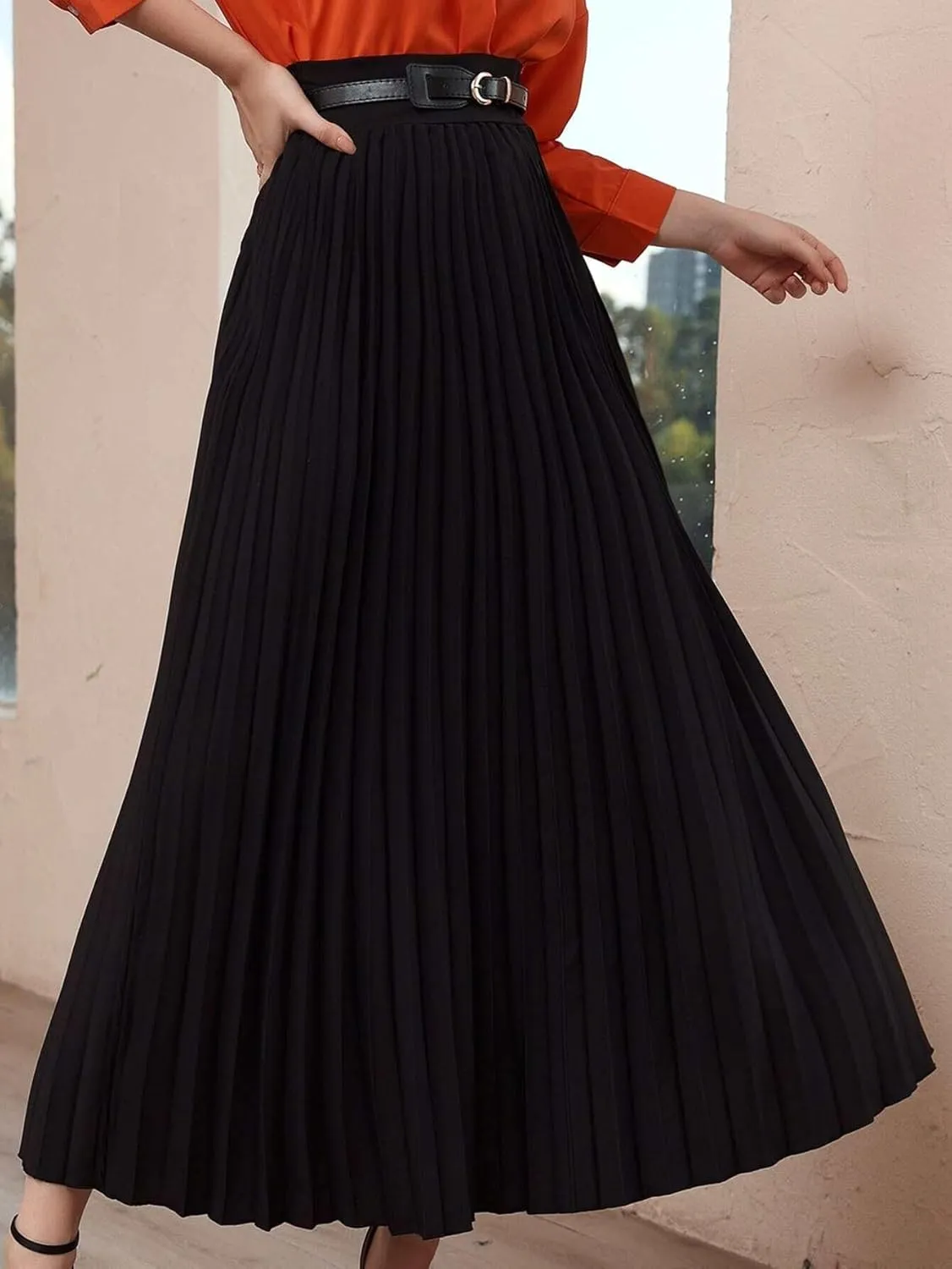 Skirts for Women Trendy Summer 2023 Black Elegant High Waist Belted Pleated Skirt Long Skirt