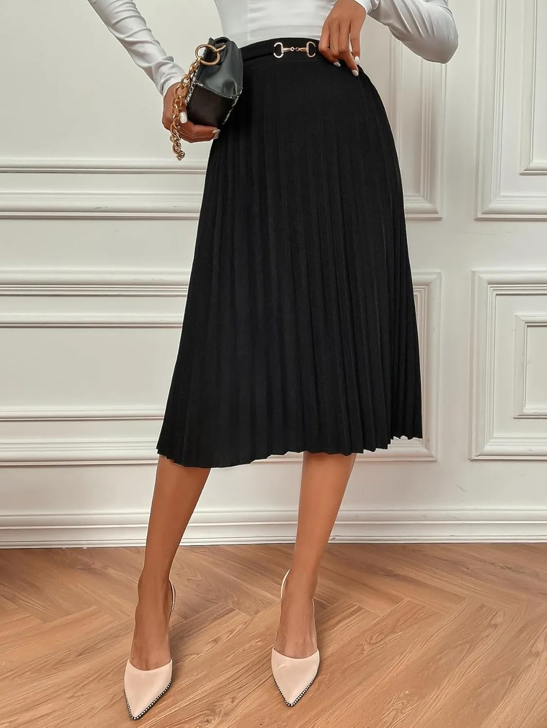 Skirts for Women Trendy Summer 2023 Black Elegant High Waist Pleated Midi Skirt Long Skirt
