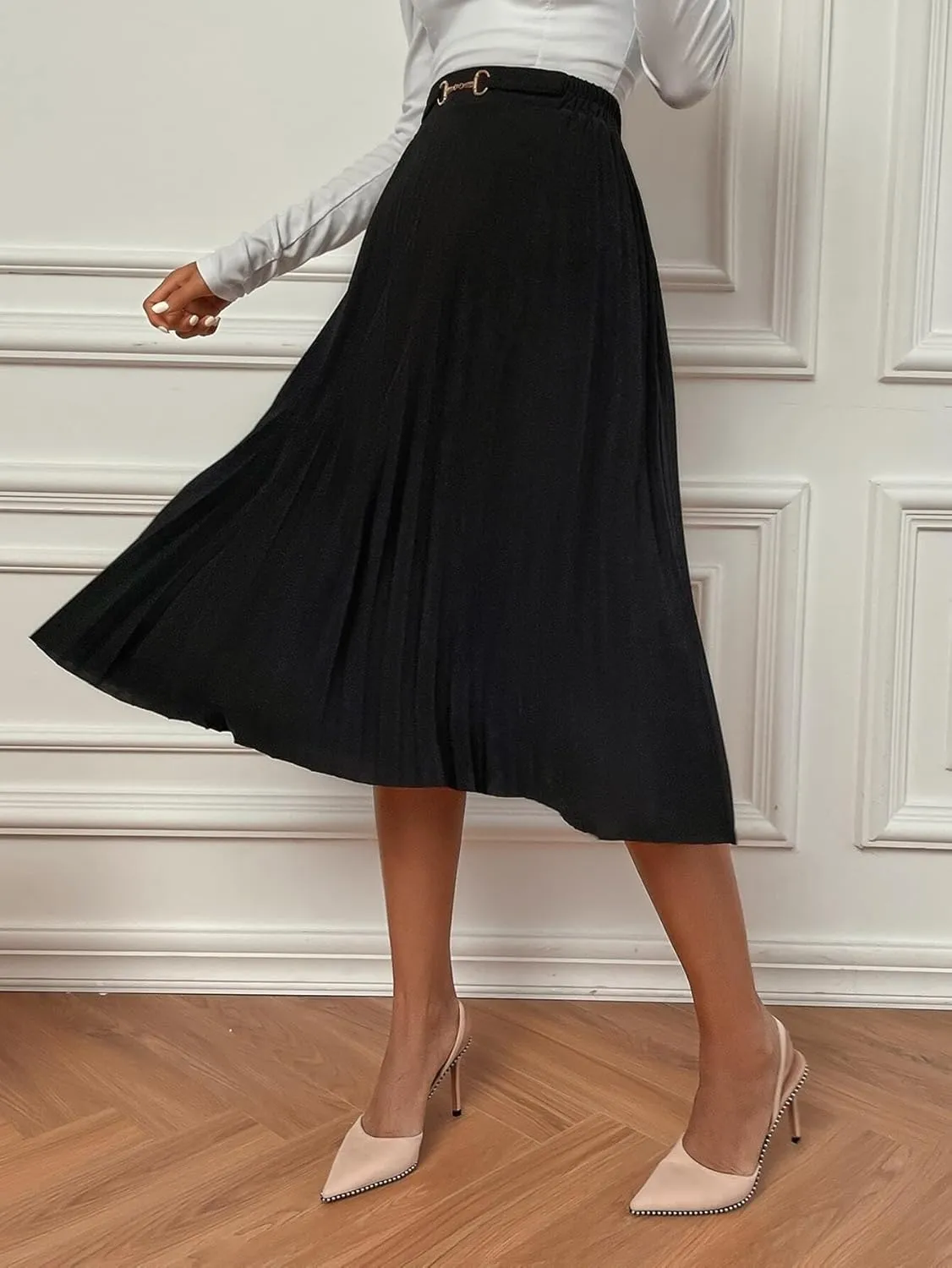 Skirts for Women Trendy Summer 2023 Black Elegant High Waist Pleated Midi Skirt Long Skirt