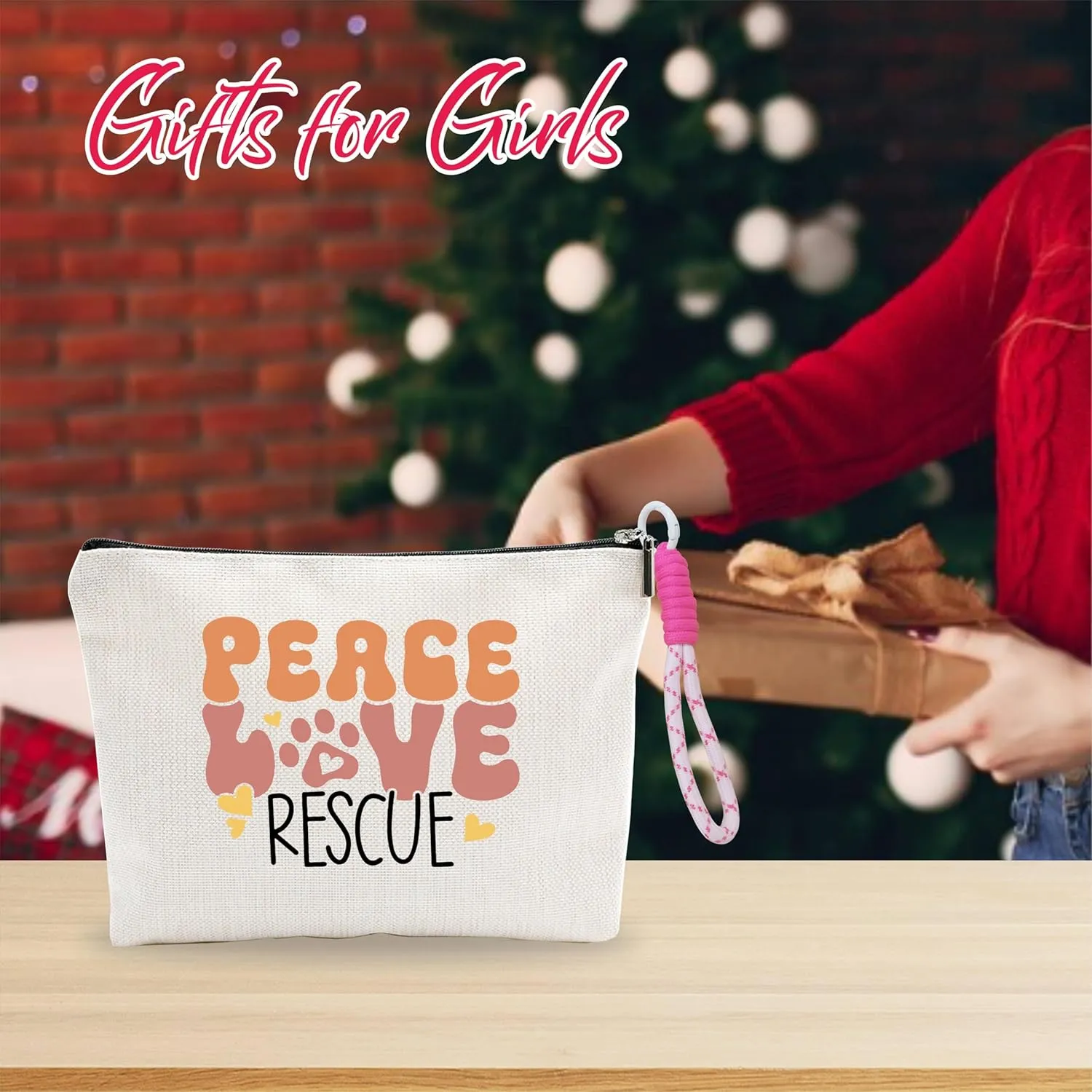 Small Makeup Bag With Pink Hand Strap,Peace Love Rescue,Cat Gifts For Girls,Toiletry Bag,Travel Cosmetic Bag,Birthday Present,Women Essentials & Accessories-A14