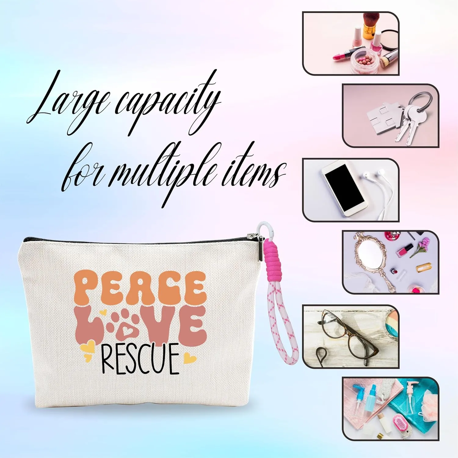 Small Makeup Bag With Pink Hand Strap,Peace Love Rescue,Cat Gifts For Girls,Toiletry Bag,Travel Cosmetic Bag,Birthday Present,Women Essentials & Accessories-A14
