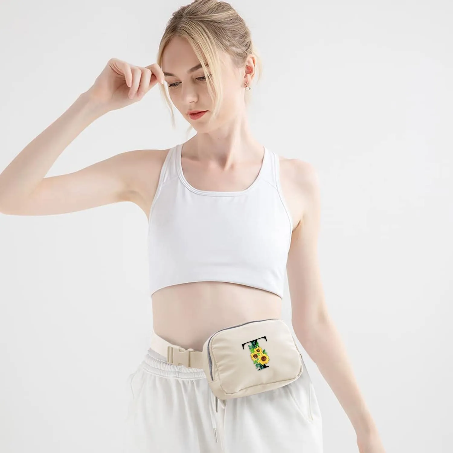 Small Waist Fanny Pack Belt Bag with Initial Letter Belt Bag Patch Adjustable Strap for Women Girls Running Traveling, Cute Mini Crossbody Bag Travel Purse Trendy Valentines New Year Gift|Cream T