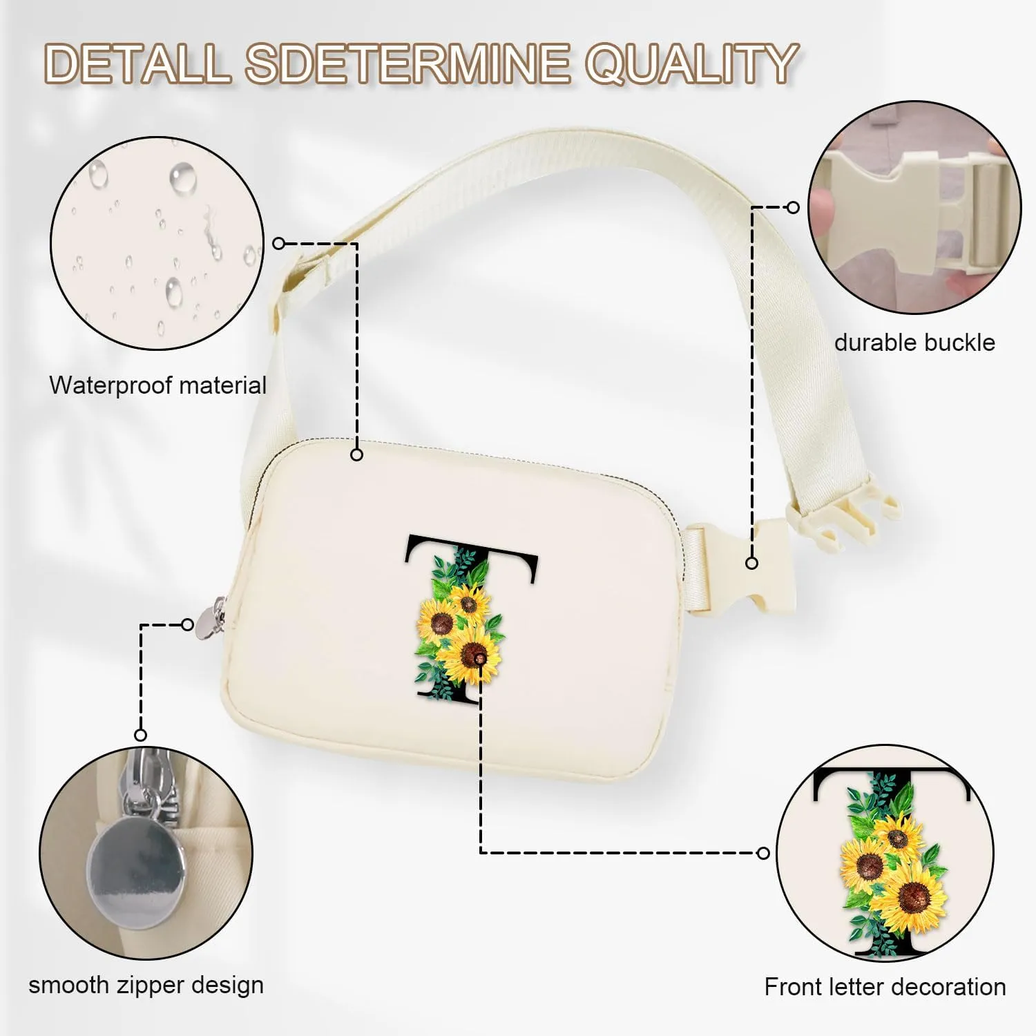 Small Waist Fanny Pack Belt Bag with Initial Letter Belt Bag Patch Adjustable Strap for Women Girls Running Traveling, Cute Mini Crossbody Bag Travel Purse Trendy Valentines New Year Gift|Cream T