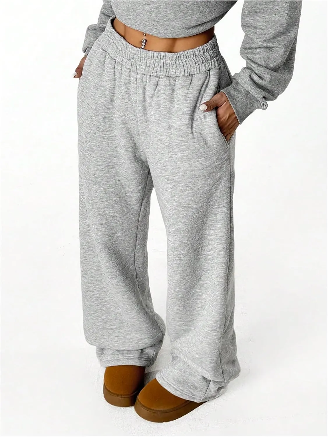 SOLY HUX Women's Elastic High Waisted Sweatpants Wide Leg Baggy Fleece Lined Pants with Pockets