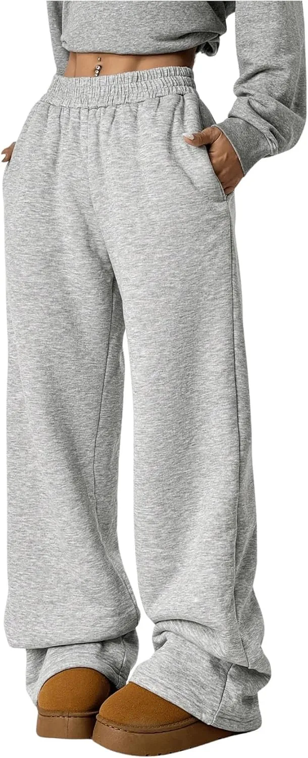 SOLY HUX Women's Elastic High Waisted Sweatpants Wide Leg Baggy Fleece Lined Pants with Pockets
