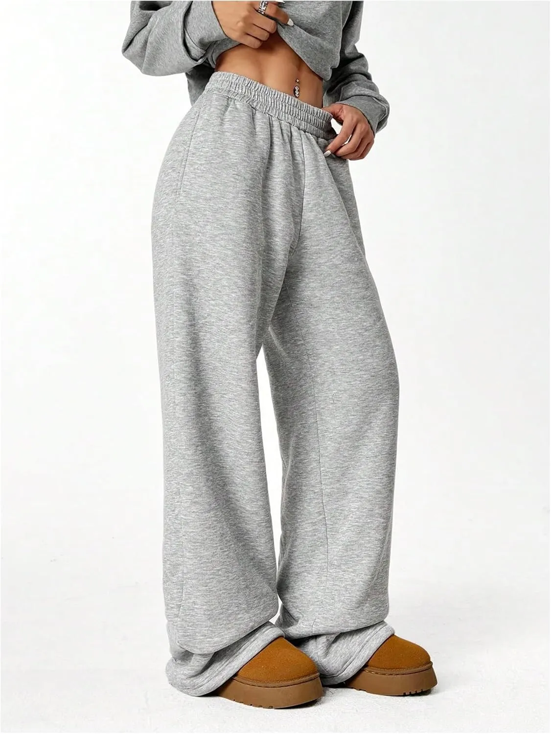 SOLY HUX Women's Elastic High Waisted Sweatpants Wide Leg Baggy Fleece Lined Pants with Pockets
