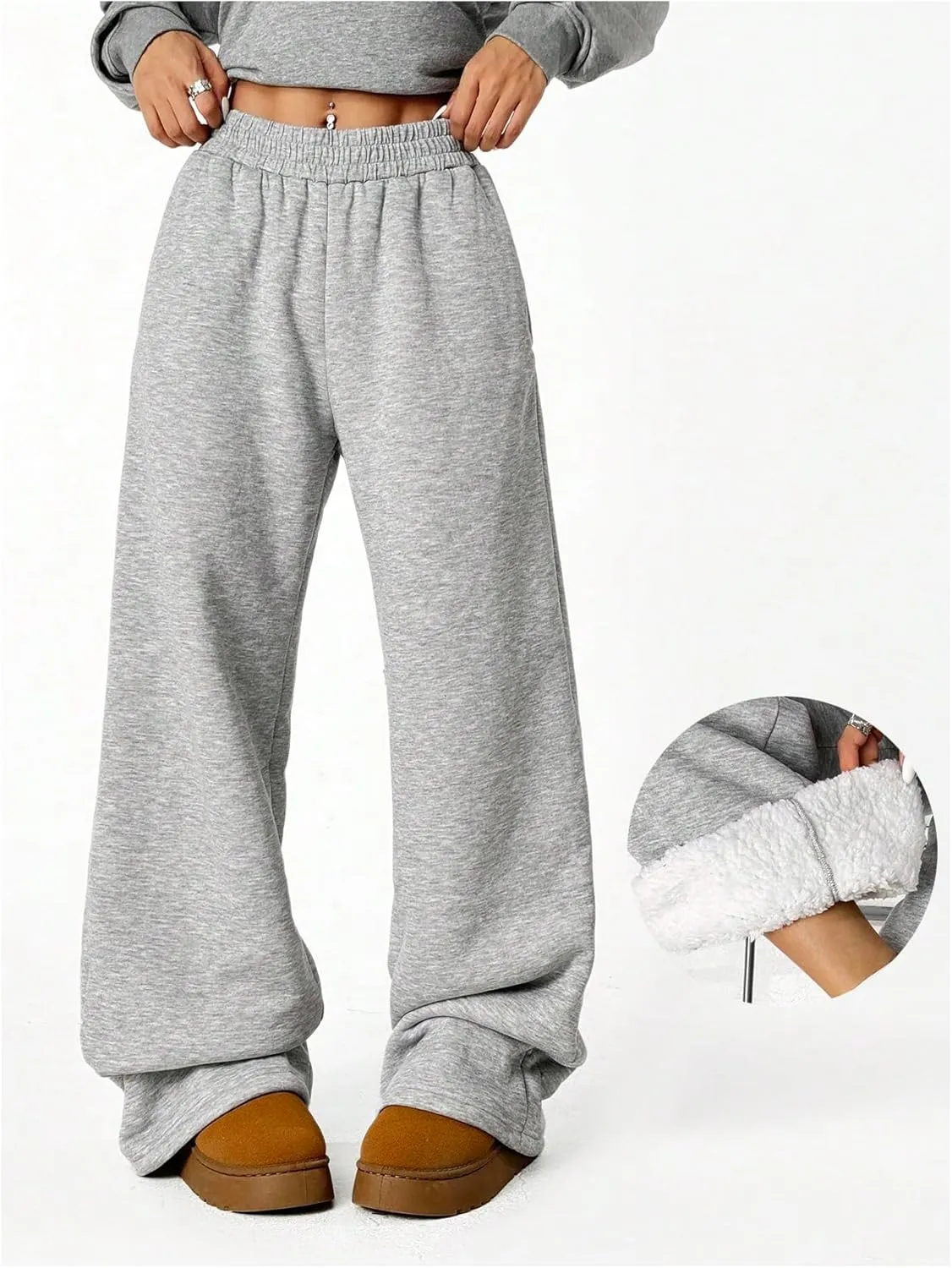 SOLY HUX Women's Elastic High Waisted Sweatpants Wide Leg Baggy Fleece Lined Pants with Pockets