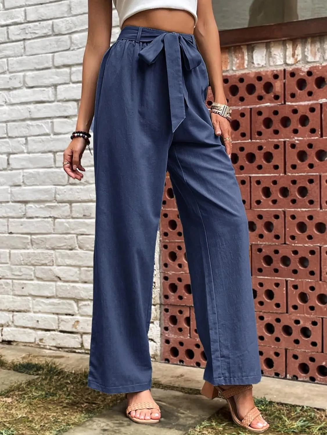 SOLY HUX Women's High Waisted Wide Leg Belted Long Pants Casual Trousers