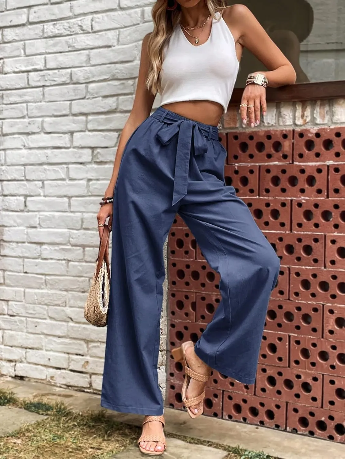 SOLY HUX Women's High Waisted Wide Leg Belted Long Pants Casual Trousers