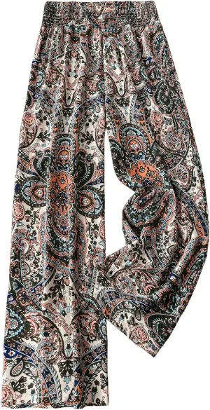 SOLY HUX Women's Plus Size Paisley Pants Elastic Waist Wide Leg Trousers Boho Vacation Pants