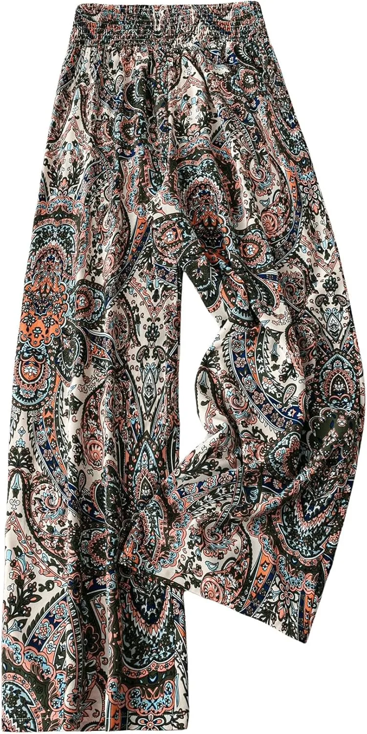 SOLY HUX Women's Plus Size Paisley Pants Elastic Waist Wide Leg Trousers Boho Vacation Pants